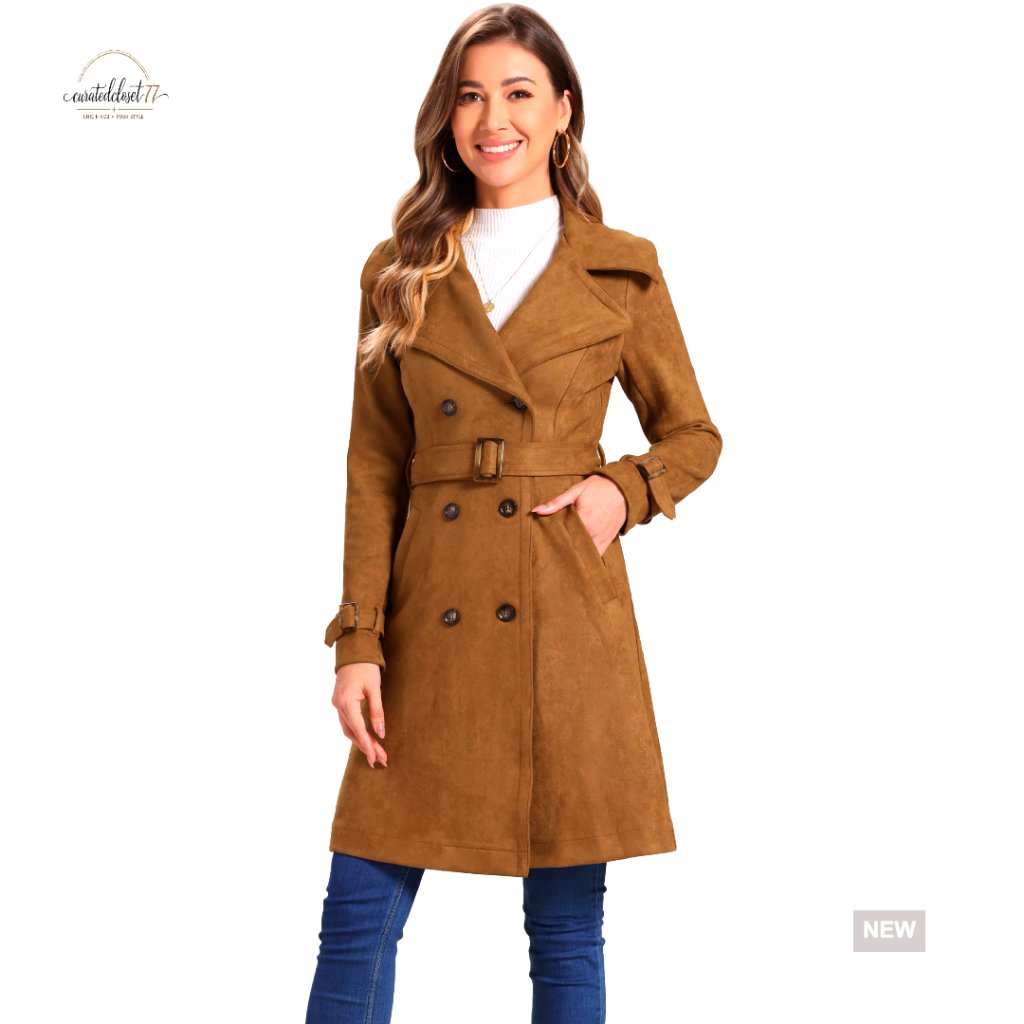 Faux Suede Trench Coat Classic Double Breasted Overcoat Chic Fall Winter